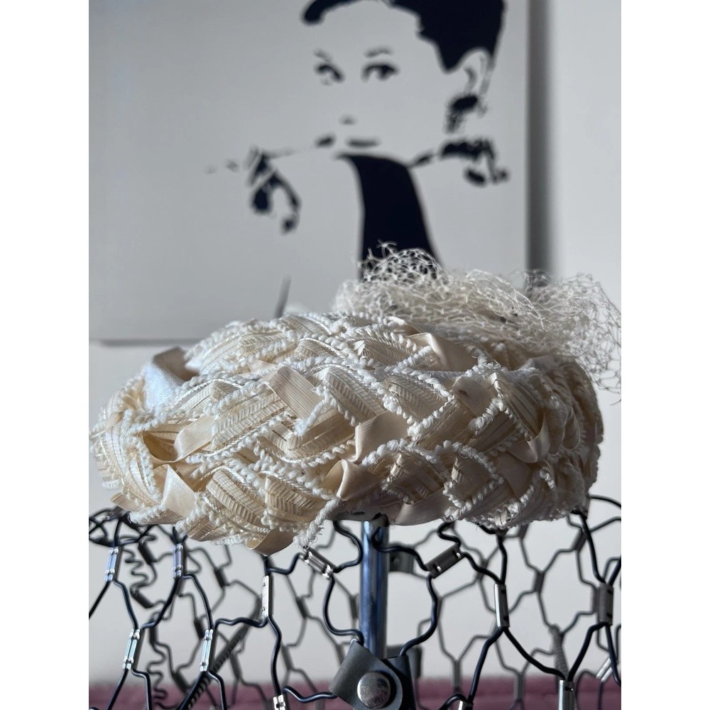 Vintage‎ 1950s Ivory Woven Straw Pillbox Hat with Birdcage Veil and Hat Pin